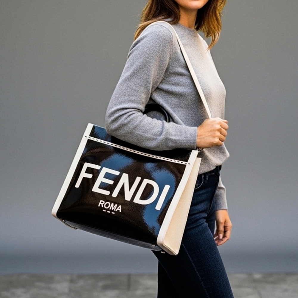 Fendi Medium Sunshine Shopper Black Patent Leather Canvas Trim Tote Shoulder Bag - Picture 2 of 14